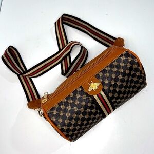 Bumble Bee Brown & Tan Vegan Leather Crossbody with Canvas Strap New